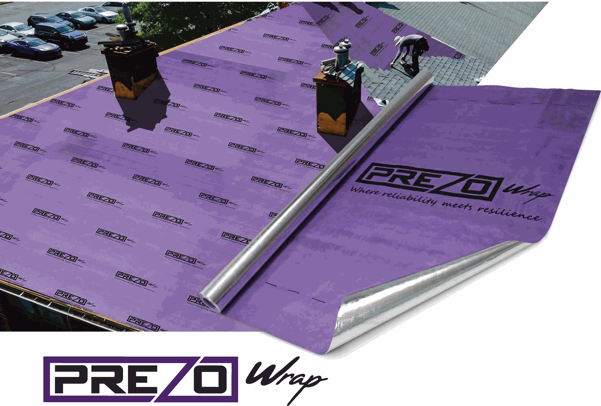 PREZO Wrap reflective sarking roll unrolled on a commercial tiled roof, with the PREZO Wrap logo